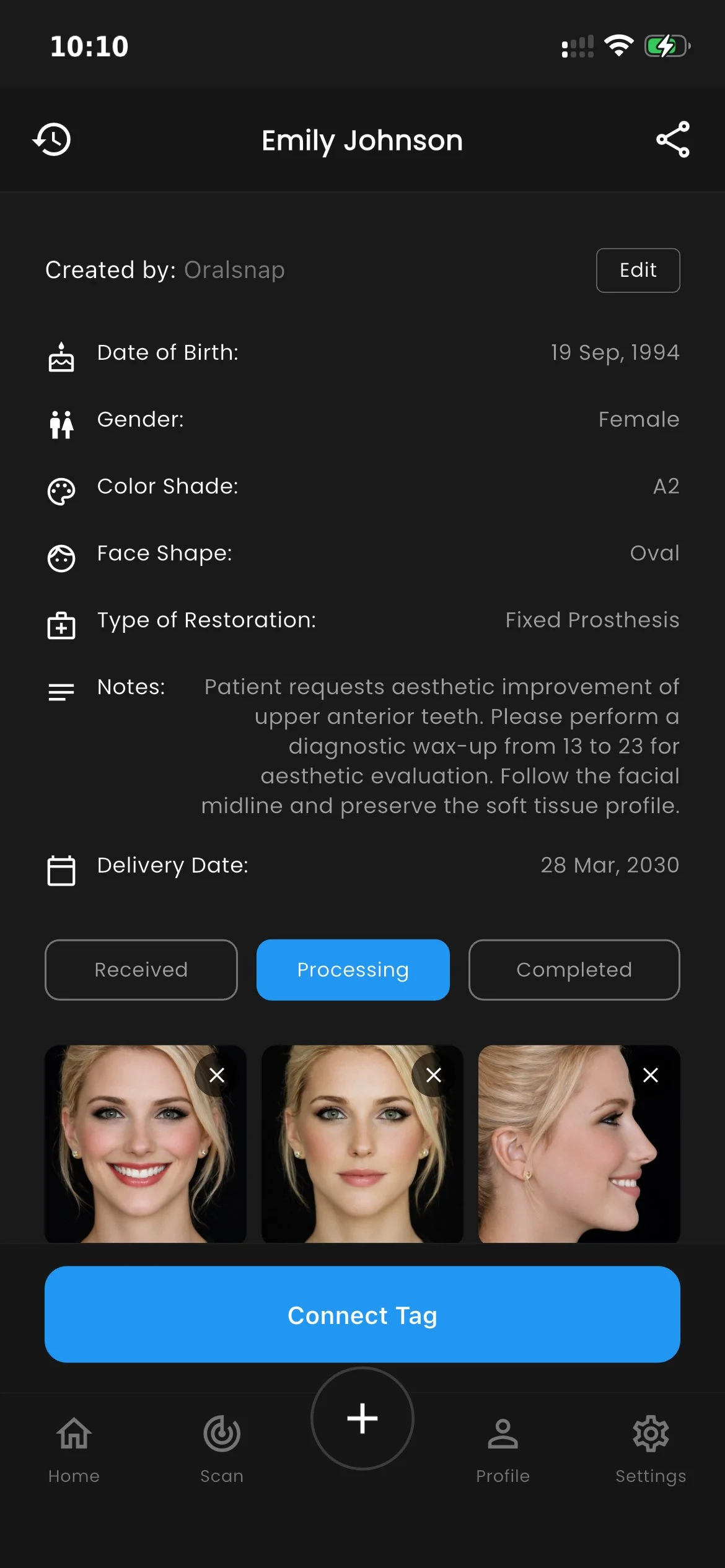 Oralsnap patient profile screen
